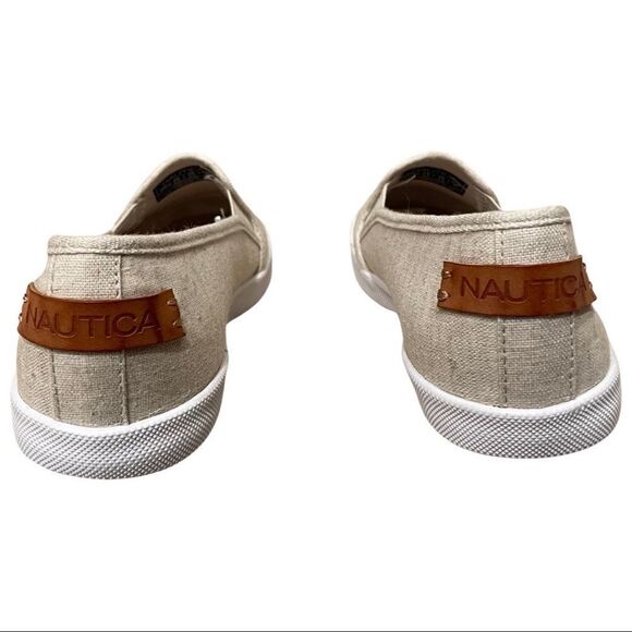 NWOB- NAUTICA- canvas slip on shoes, tan linen like fabric - Picture 4 of 10